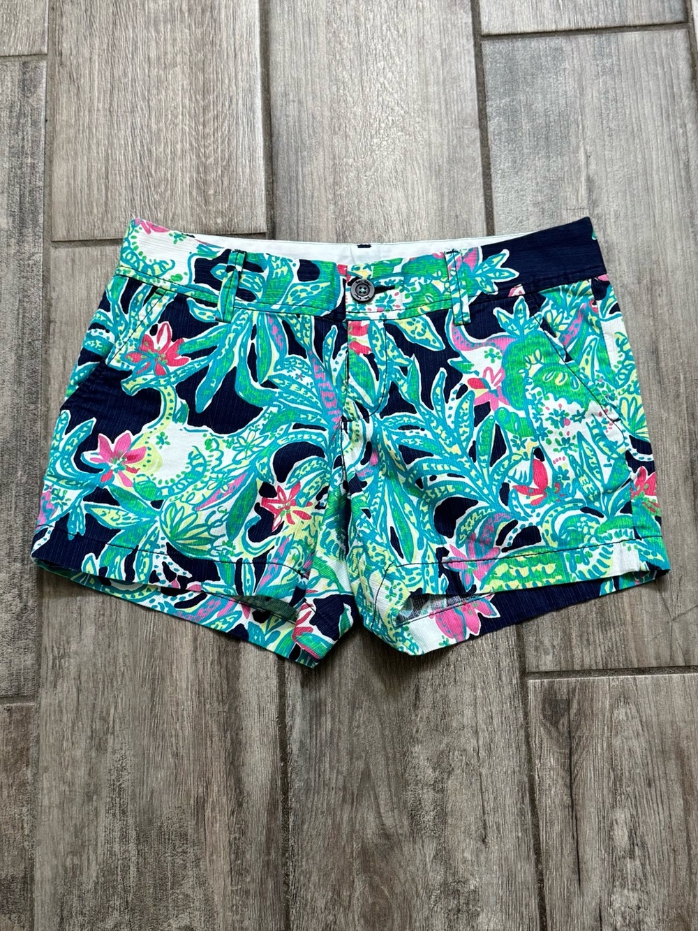 Lilly Pulitzer Callahan Navy Floral Print Shorts with Green & Pink Accents